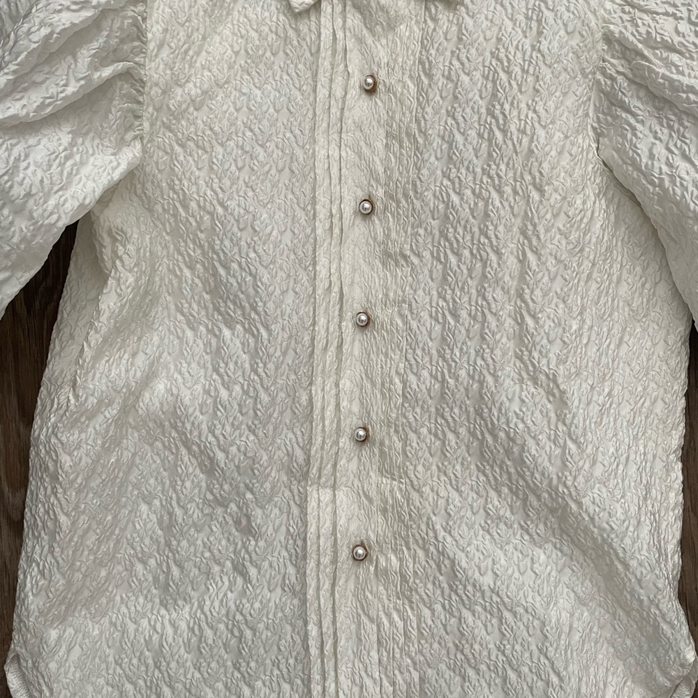 Sister Jane Ivory Textured Puff Sleeve Pearl Button Blouse Cottagecore M - Picture 2 of 6